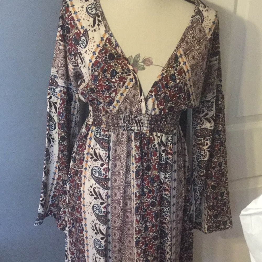 ❌DONATED❌Brown Paisley Stripe Floral Print Boho Midi Dress - Picture 5 of 9